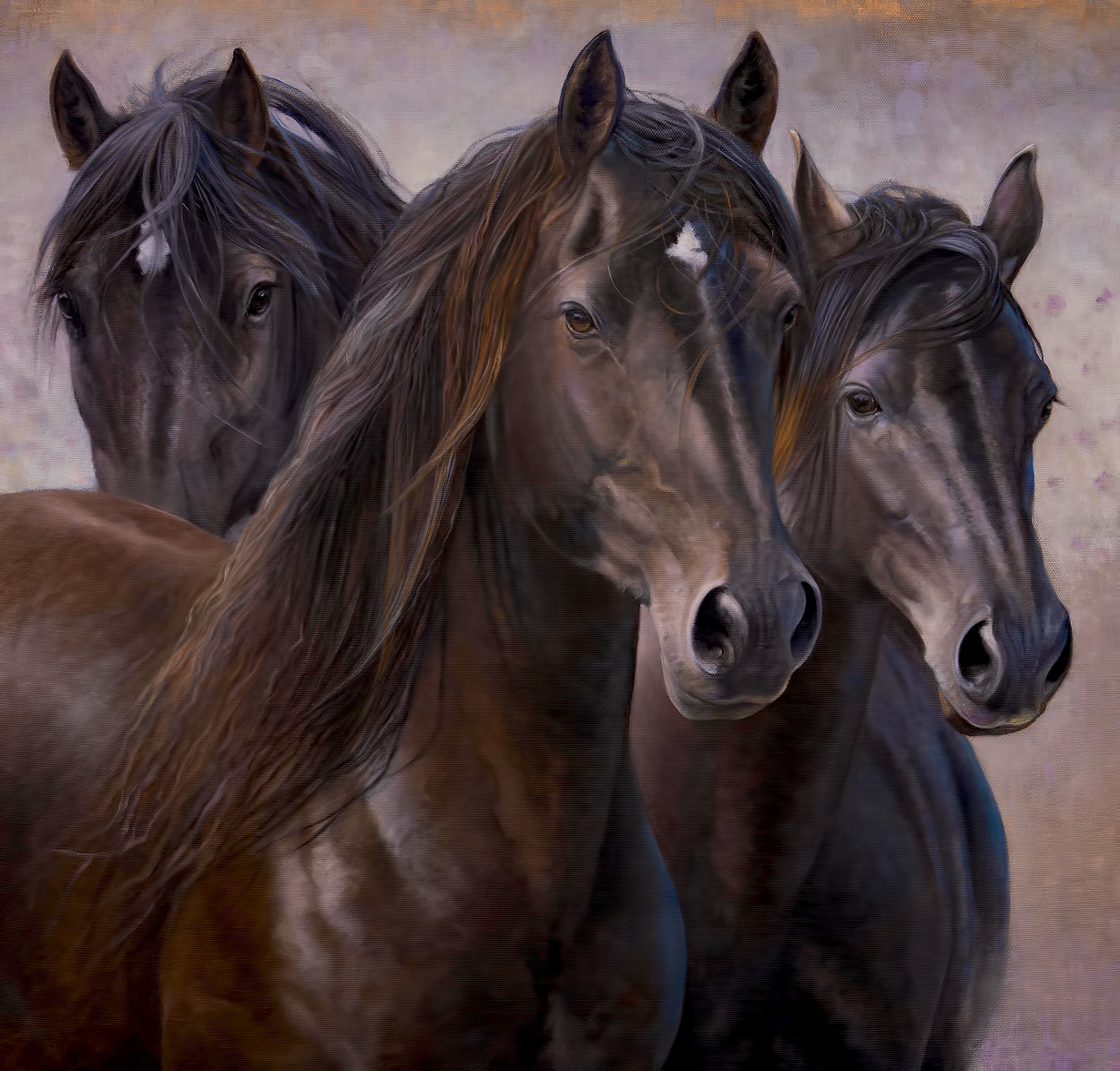 Painting of three dark brown horses standing together