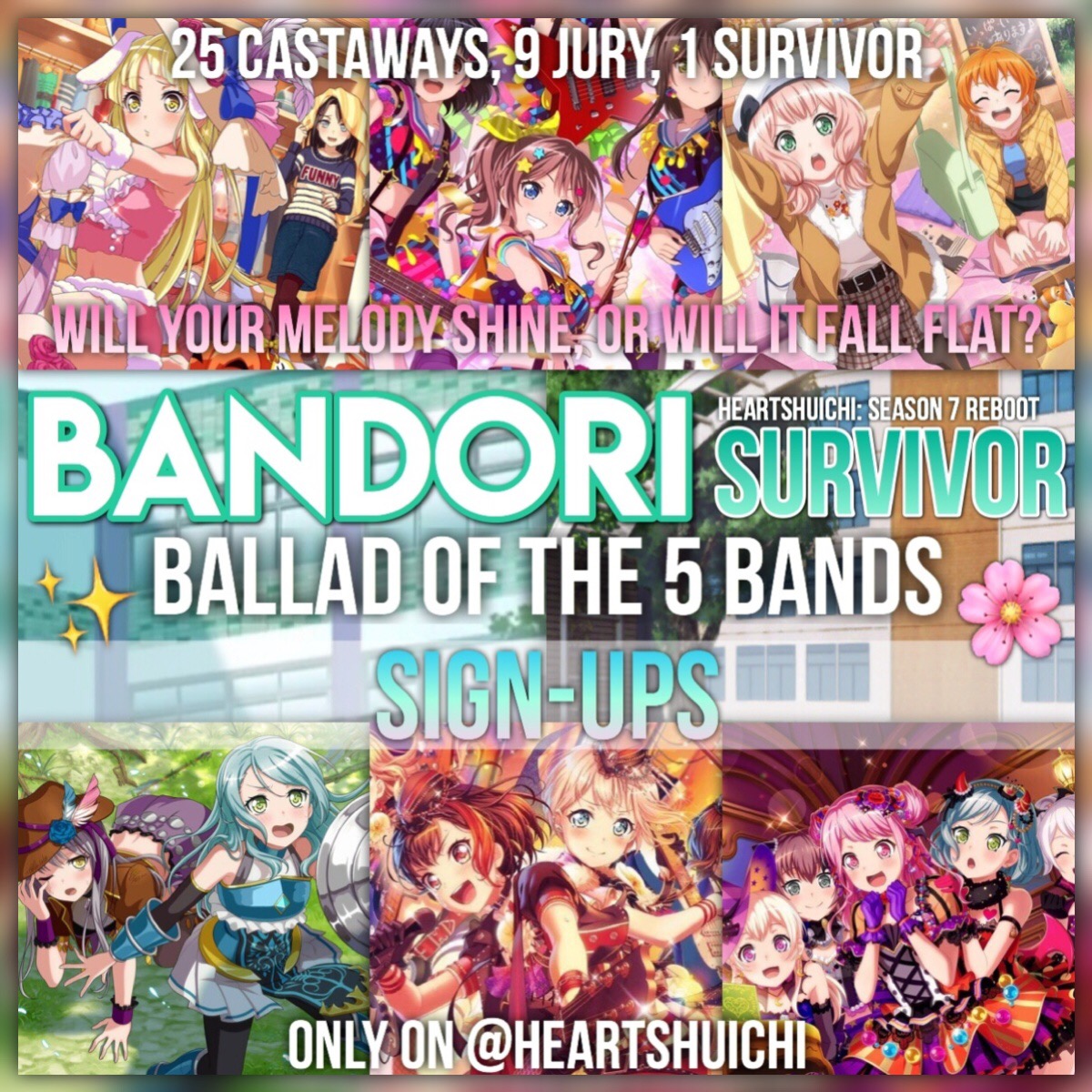 Colorful anime poster collage of multiple girls with large Bandori Survivor text