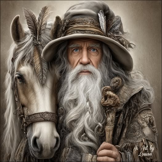 Fantasy wizard with long white beard holding a staff beside a white horse