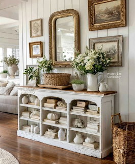 White farmhouse console table with arched shelves, hydrangeas, wicker basket, and gold-framed mirrors on shiplap wall