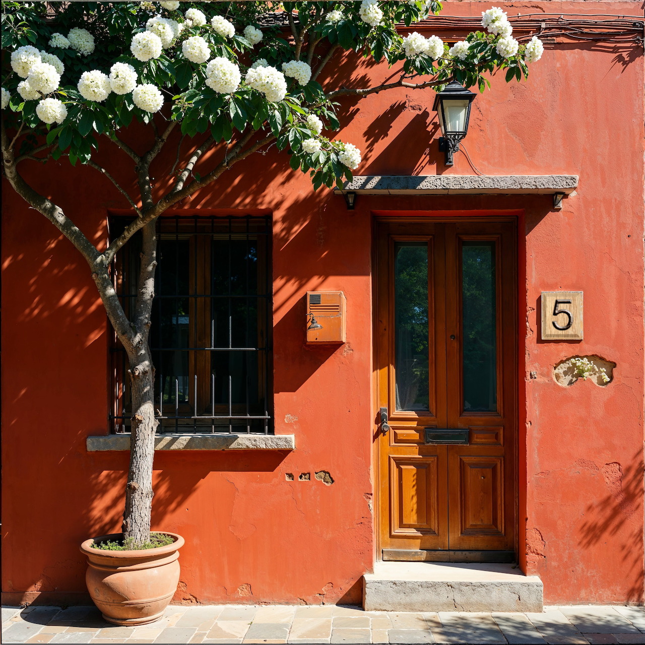 Wooden door and window in a bright orange wall with a flowering tree in a pot