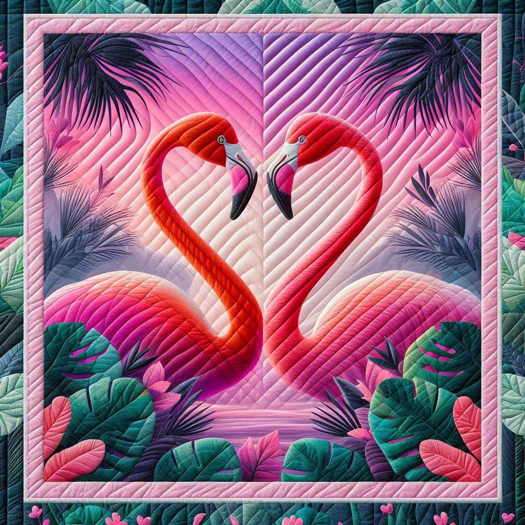 Two pink flamingos forming a heart shape with tropical leaves and a quilted pink background