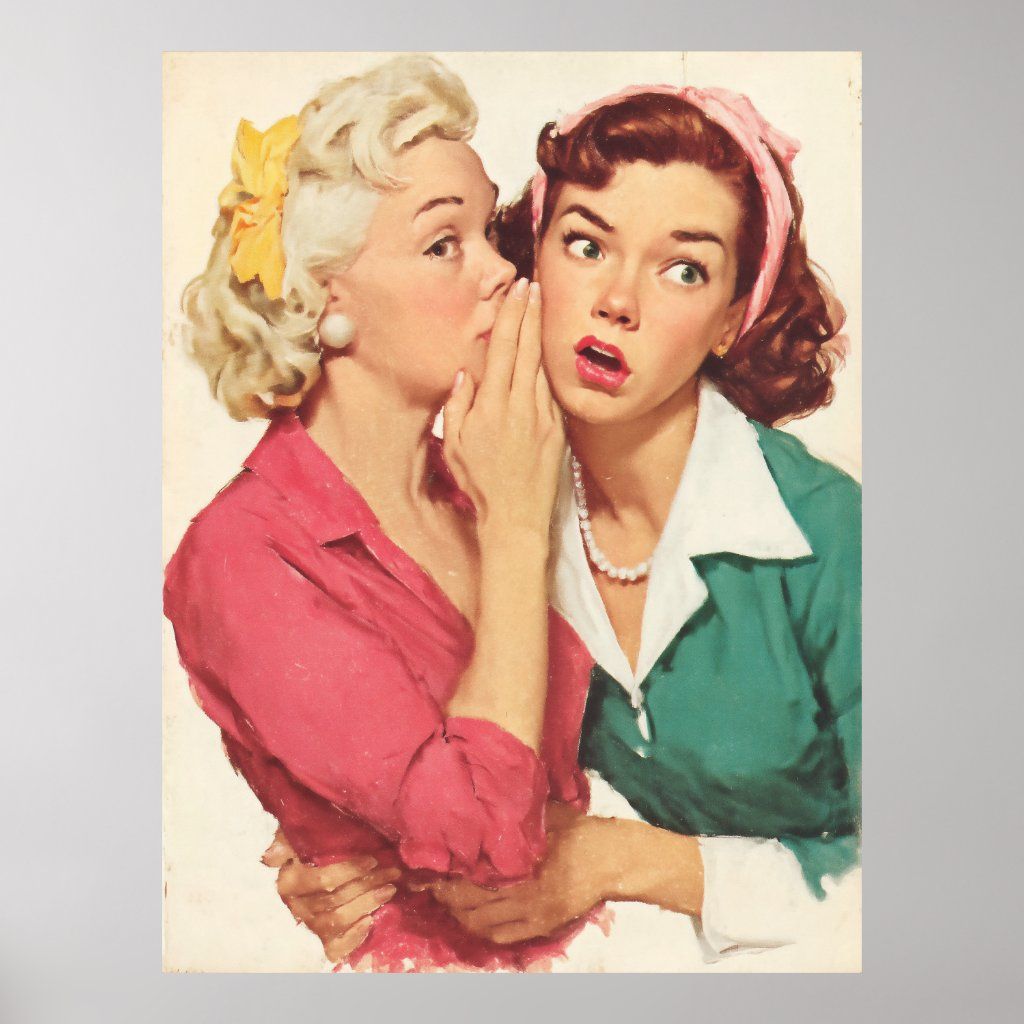 Vintage illustration of two women, one whispering into the other's ear