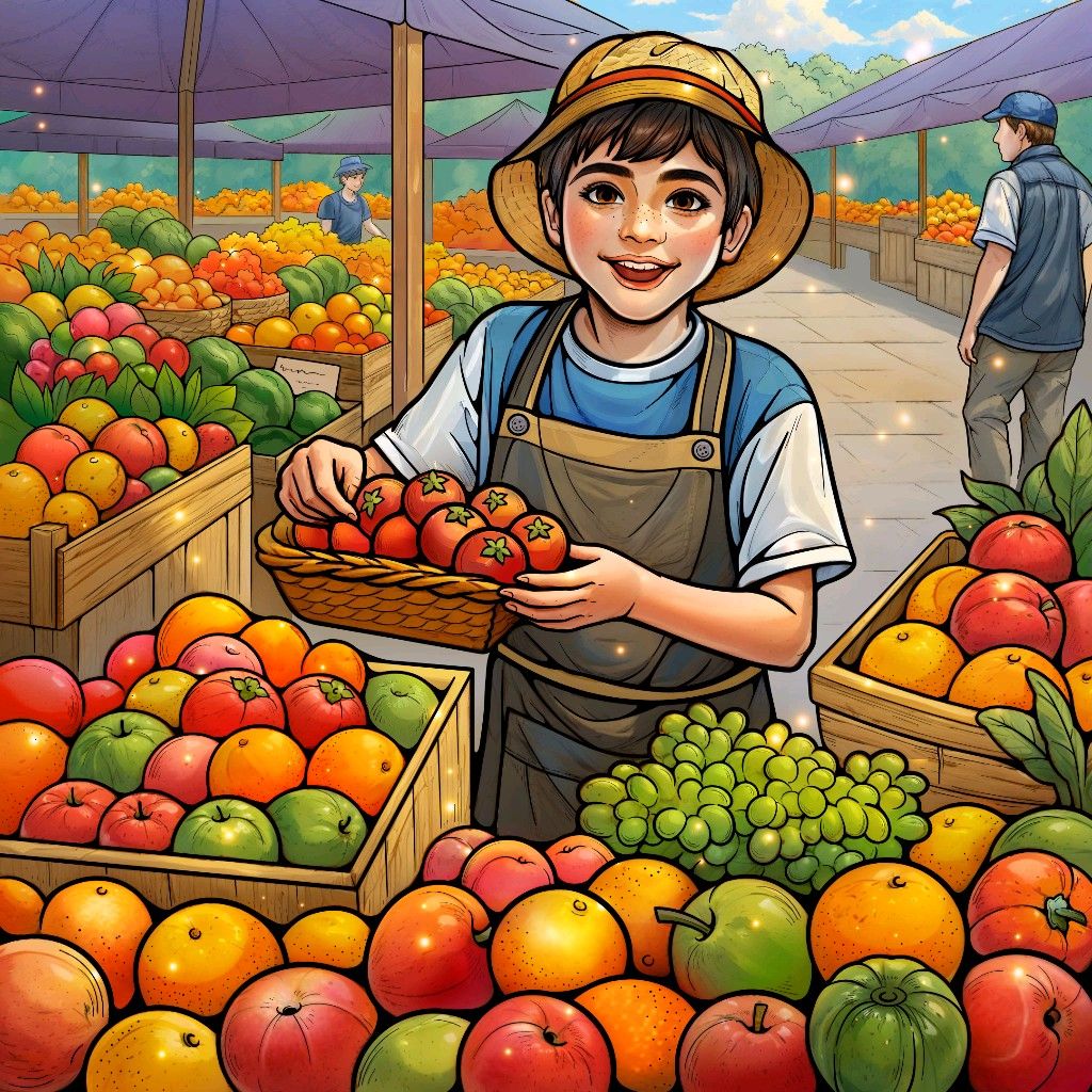 Anime girl in straw hat holding tomatoes at vibrant farmers market with colorful produce displays
