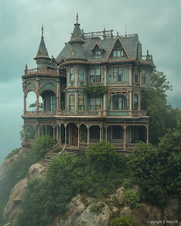 Victorian manor on a rocky cliff above dense greenery in misty weather