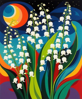 Stylized white lily of the valley flowers on a colorful abstract background