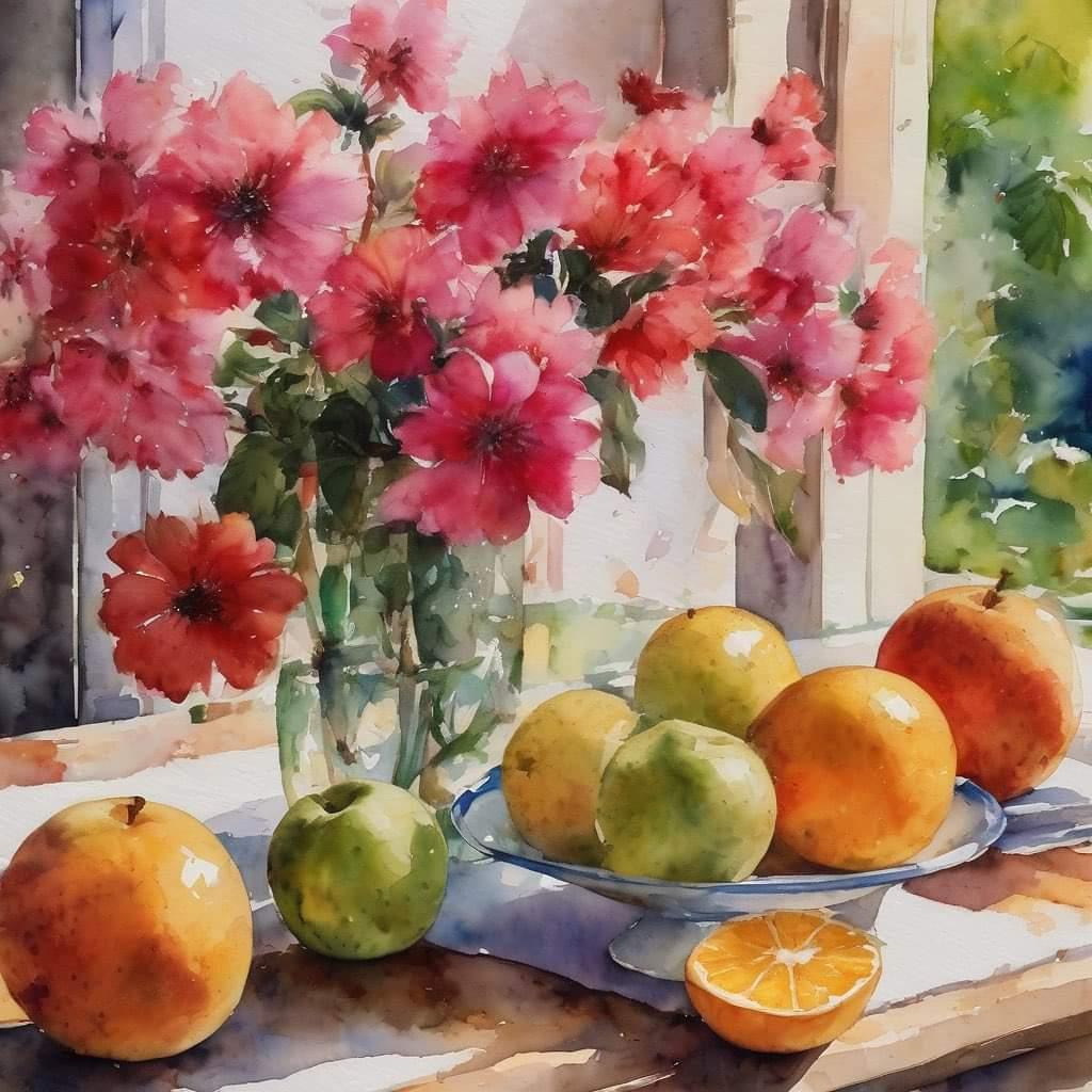 Watercolor still life with pink flowers in vase and citrus fruit on table by window