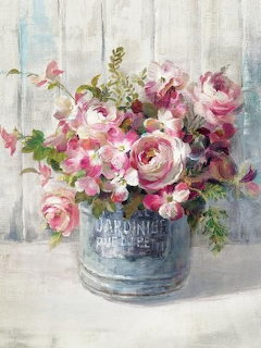 Pink roses and flowers in a vintage metal garden bucket, painted in soft watercolor style