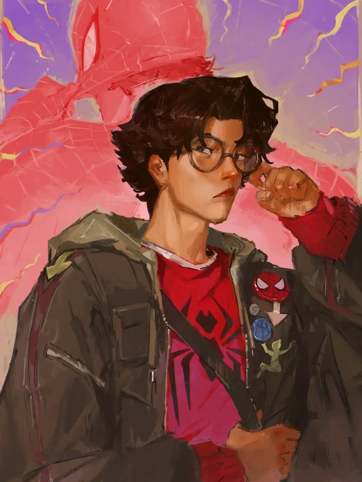 Young man in glasses and denim jacket against colorful abstract painted background