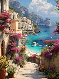 Scenic Amalfi Coast village with bougainvillea flowers, stone path, turquoise sea and cliffs under blue sky