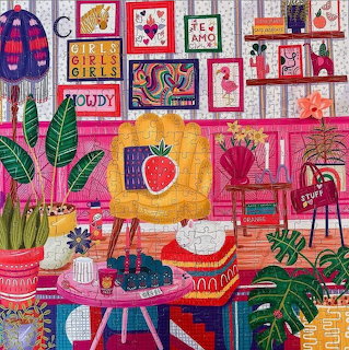 Bright illustrated reading nook with yellow chair, pink shelves, framed art, and green plants