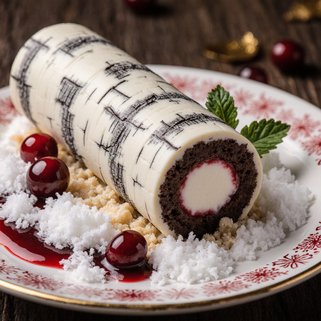 Chocolate yule log cake with white chocolate birch bark decoration, powdered sugar, cranberries and mint garnish