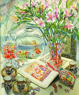 Colorful still life painting with pink lilies in a striped vase, goldfish bowl, open book, and puzzle pieces
