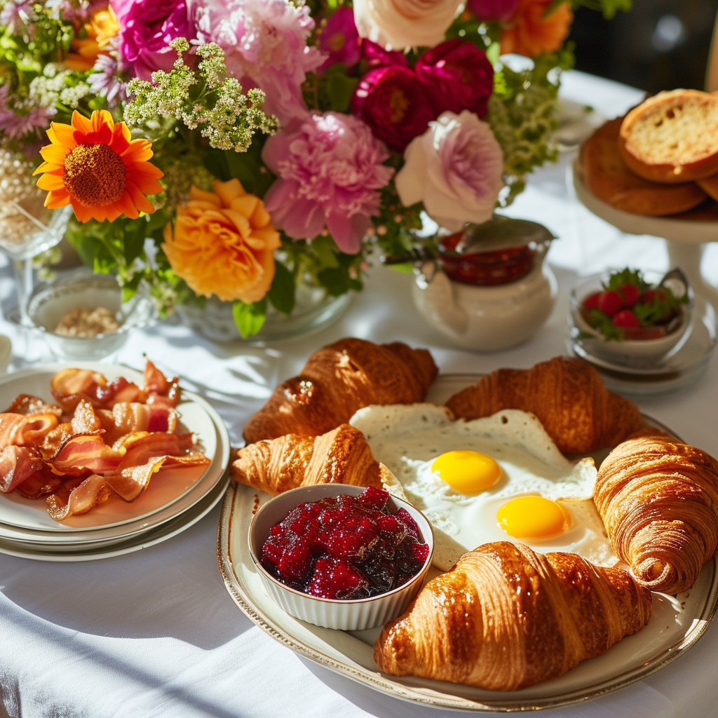 Breakfast spread with croissants, fried eggs, bacon, berry jam, and a colorful flower bouquet