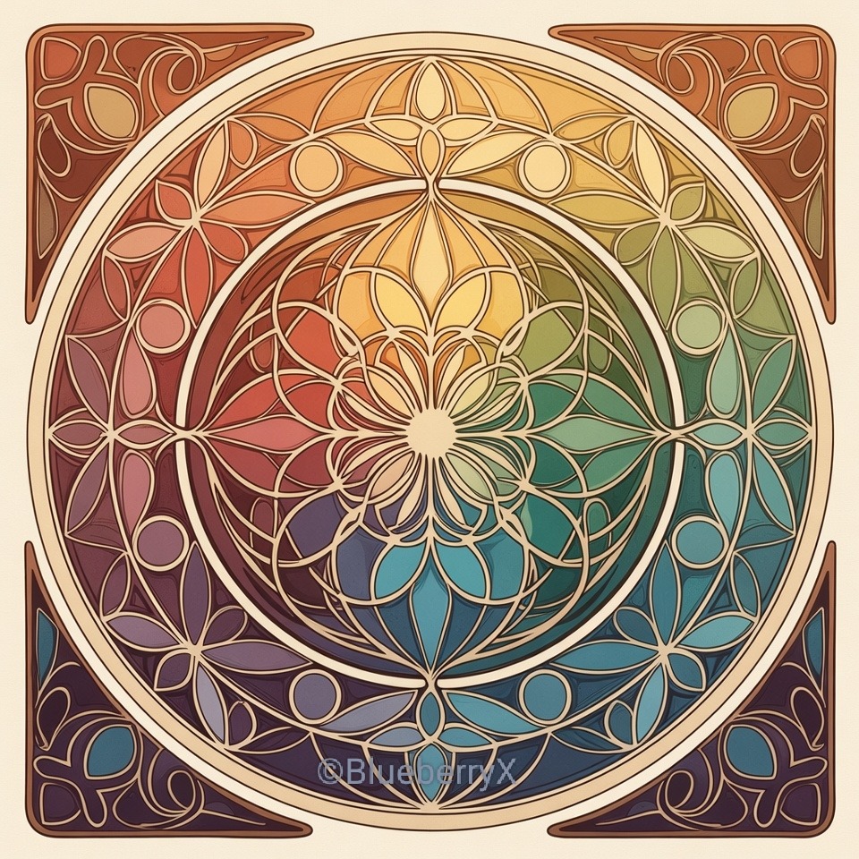 Circular mandala with geometric floral patterns in rainbow colors on square ornamental background