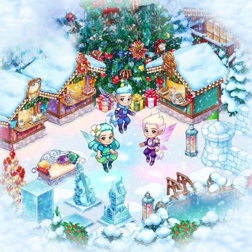 Three anime fairies in colorful outfits at a Christmas market with decorated tree, snow, and festive stalls