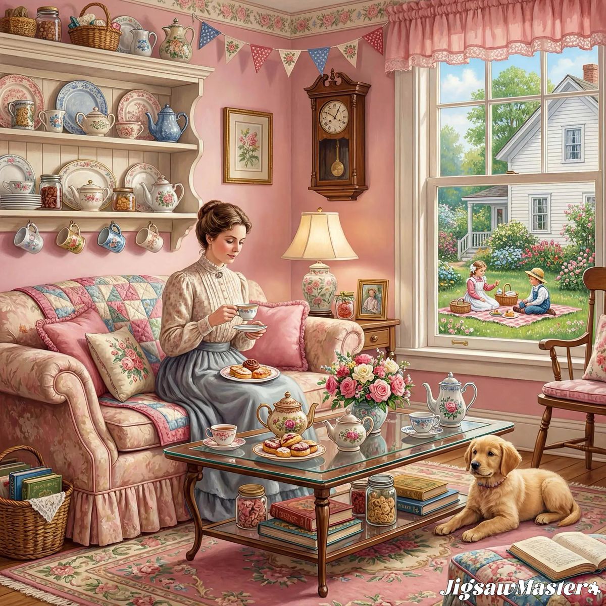 Woman having tea in a pink vintage living room with a dog by the coffee table and a garden view outside