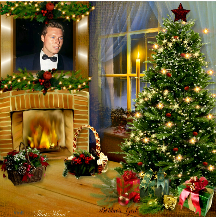Christmas room with decorated tree, fireplace, gifts, candles, and a framed portrait