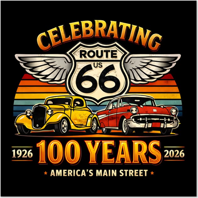 Route 66 centennial illustration with a winged sign and two classic vintage cars