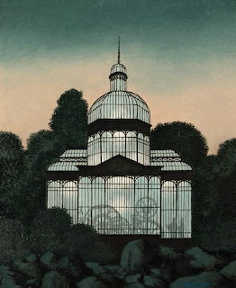 Painting of an illuminated glass pavilion surrounded by dark trees and rocks at dusk
