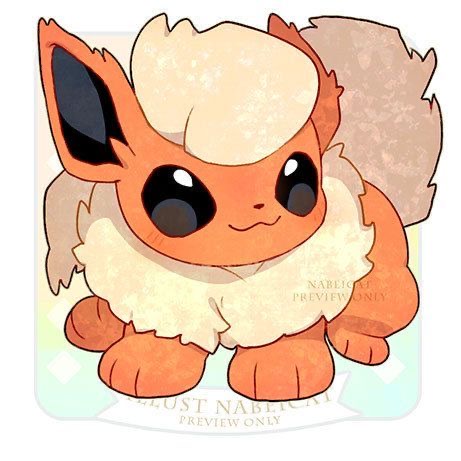 Cartoon illustration of Flareon Pokémon with orange fur and fluffy cream mane in cute chibi style