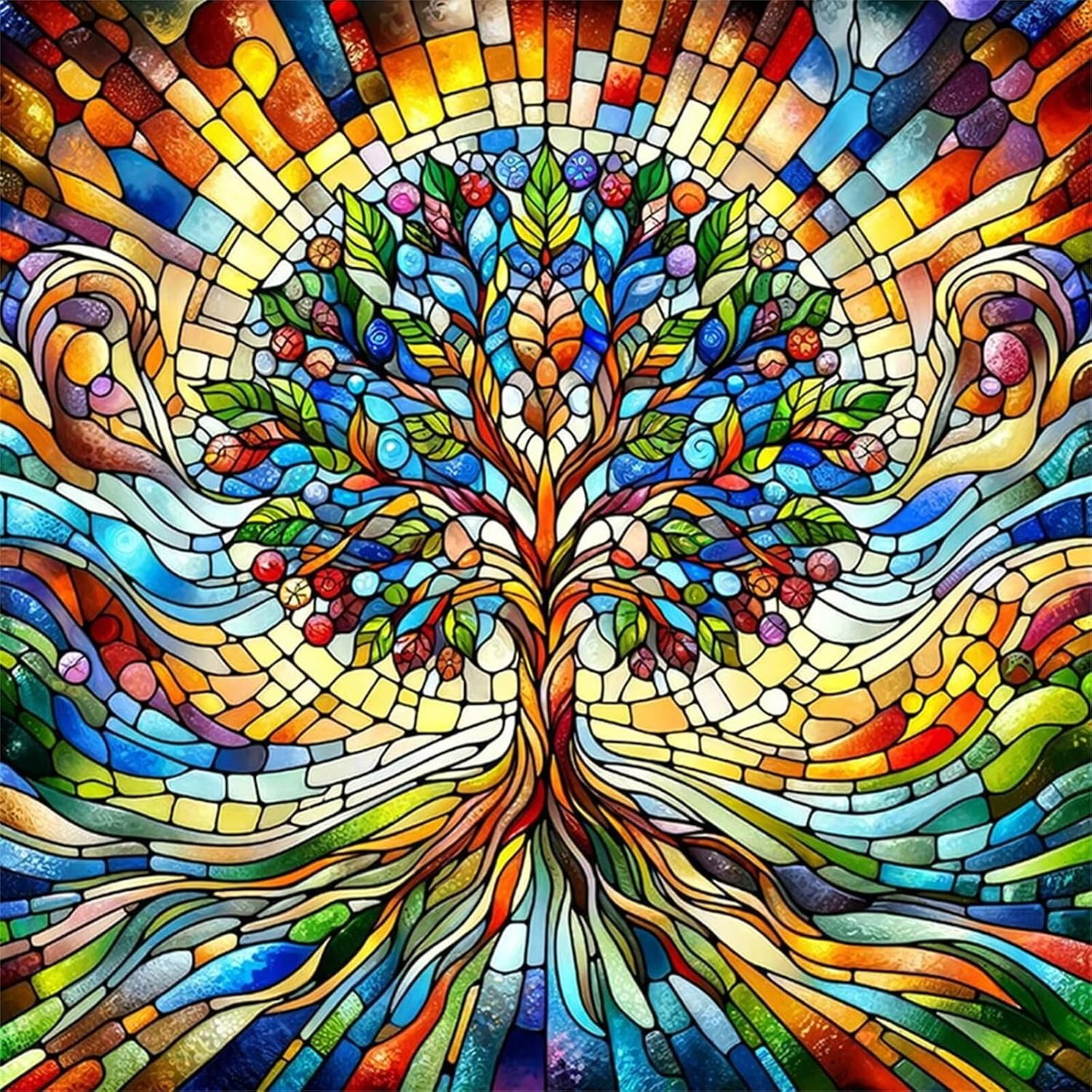 Colorful mosaic tree with radiating stained glass patterns in rainbow colors
