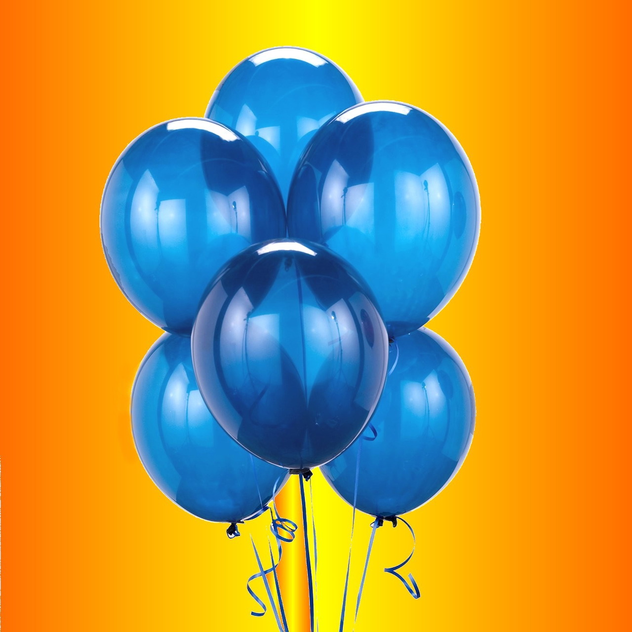 Seven shiny blue balloons tied together with curled silver ribbons on orange-yellow gradient background