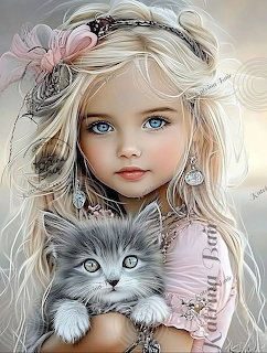Digital illustration of a blonde blue-eyed girl holding a fluffy gray kitten, wearing jewelry and a pink flower headband