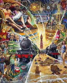 Colorful painted collage of Blackpool landmarks including steam trains, the Tower, fairground rides, trams, and beach scenes