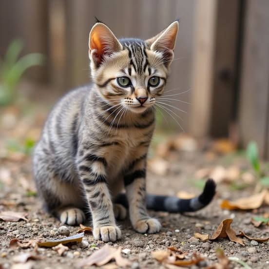 Tabby kitten sitting on dirt outdoors with dry leaves around it