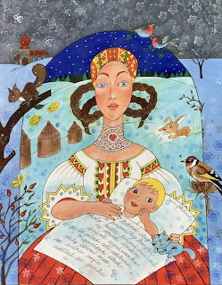 Folk art painting of mother cradling baby with sheet music, birds and winter village scene in background