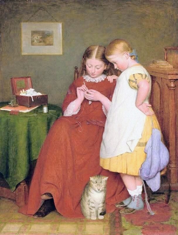 Painting of two girls doing crochet indoors with a cat at their feet