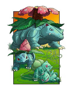 Three Pokemon evolution stages stacked vertically: Bulbasaur, Ivysaur, and Venusaur with blooming plant on back