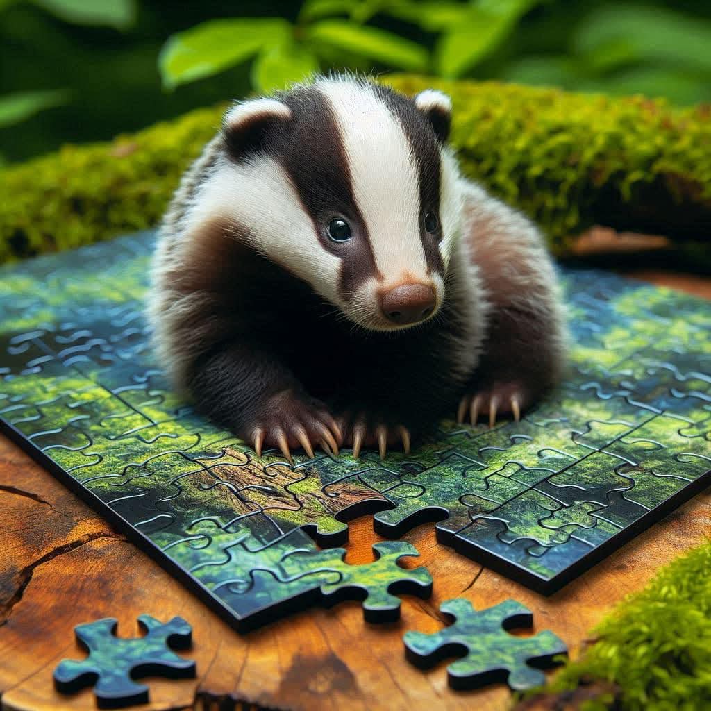 Baby badger sitting on scattered jigsaw puzzle pieces with moss and greenery nearby