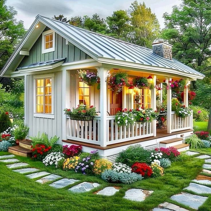 Small white cottage with porch, garden flowers, and stone walkway in green yard