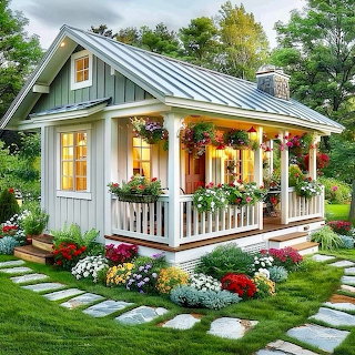 White Cottage with Garden Flowers