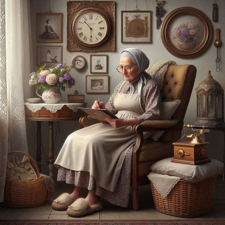 Elderly woman reading in armchair in vintage room with clock and framed pictures