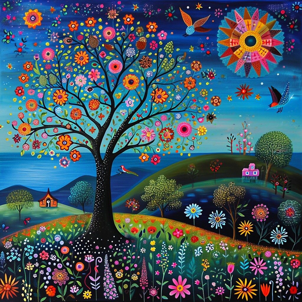 Whimsical folk art scene with colorful flowering tree, cottage, hills, and decorative flowers against starry blue sky