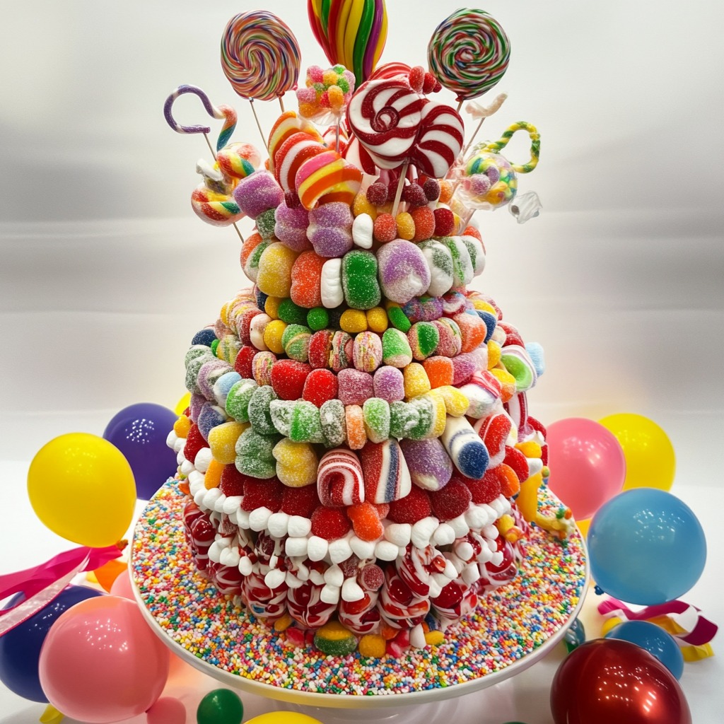 Vibrant tiered tower covered in colorful candies, lollipops, and gumballs with festive decorations