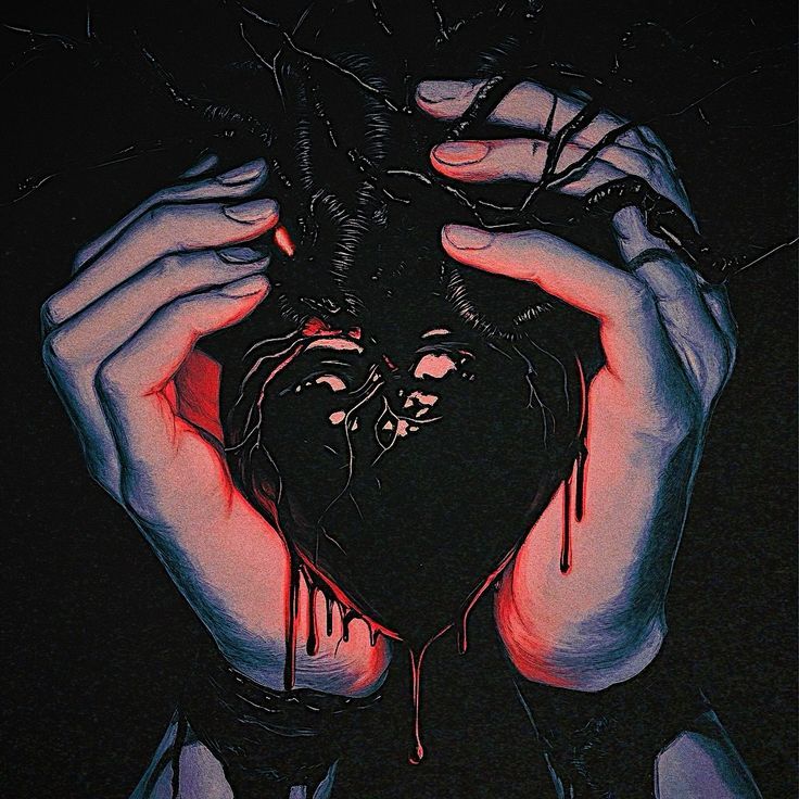 Illustration of hands holding a glossy black heart dripping liquid, wrapped in thorny branches against dark background