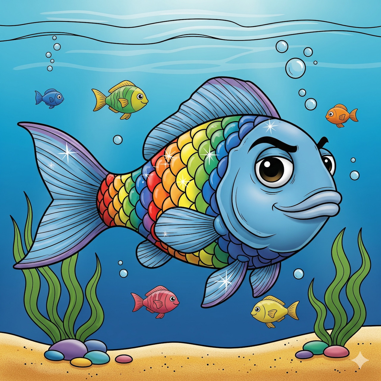 Cartoon blue fish with colorful rainbow scales swimming underwater with smaller fish and bubbles