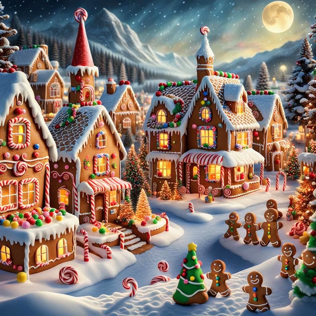 Festive gingerbread village scene with candy-decorated houses, gingerbread figures, and Christmas tree in snowy setting