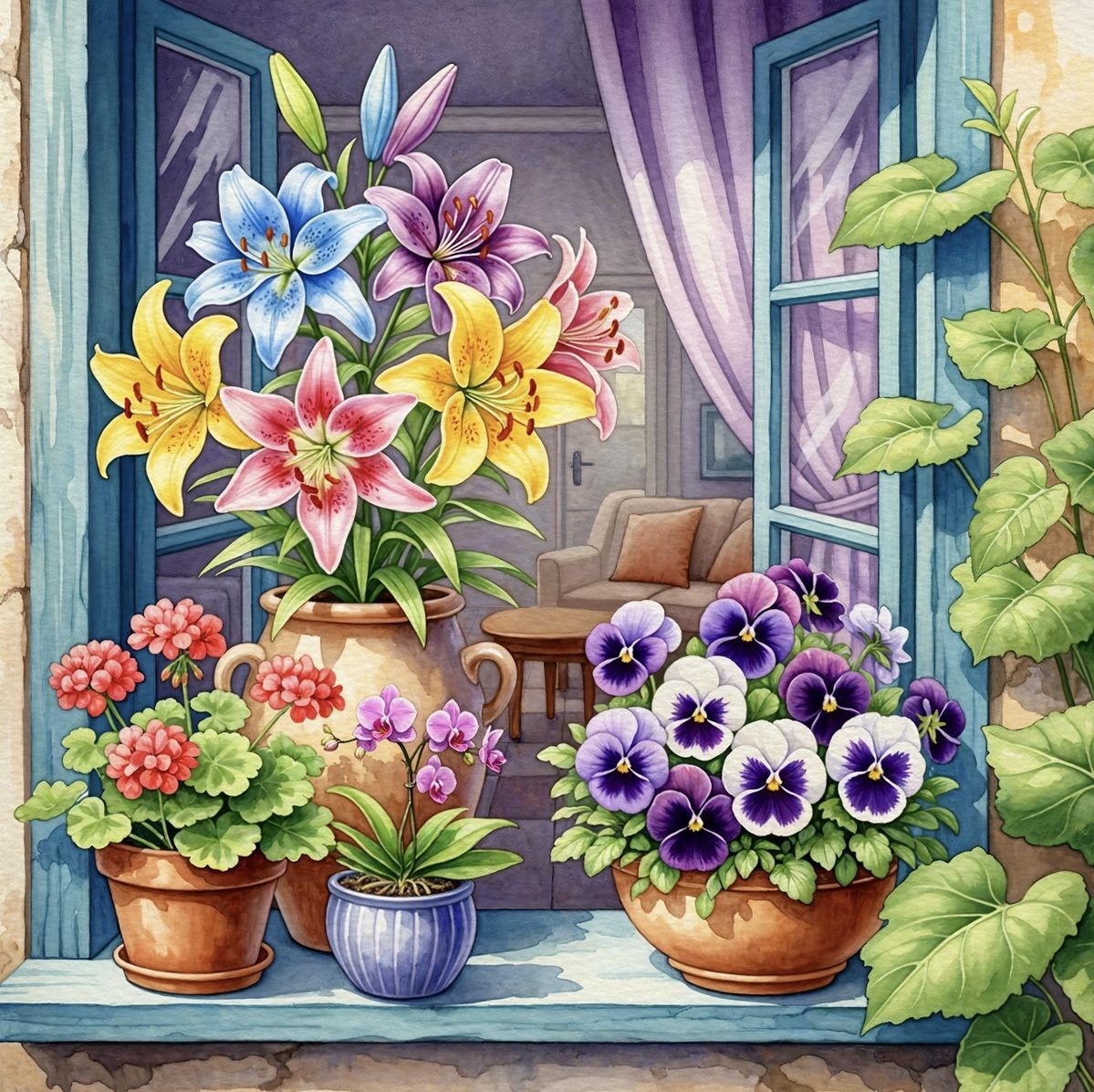 Colorful potted flowers including lilies and pansies arranged on a windowsill with purple drapes