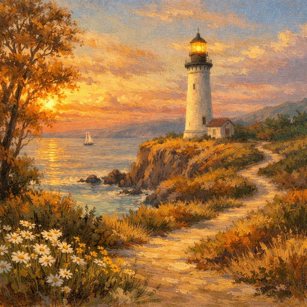 Painterly lighthouse on coastal cliff at sunset with golden sky and calm sea