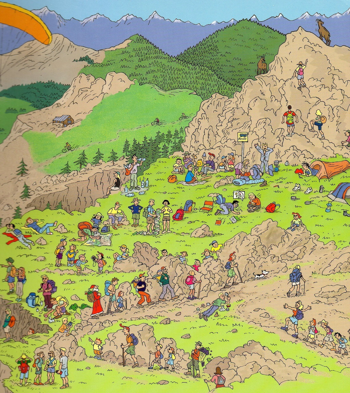 Illustrated mountain hiking scene with many colorful figures on green slopes and rocky cliffs under blue sky