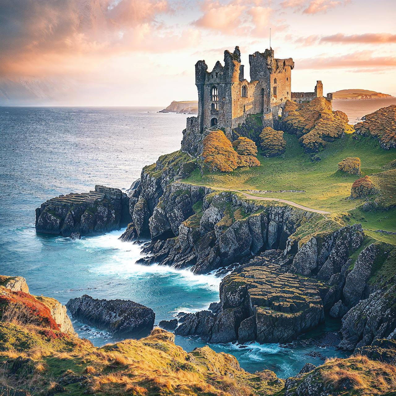 Medieval castle ruins on clifftop peninsula surrounded by ocean at sunset with dramatic rocky coastline