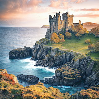 Ruined Coastal Castle at Sunset