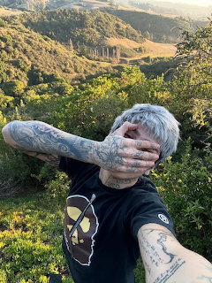 Tattooed man with silver hair covering face taking selfie on green hillside with rolling hills behind