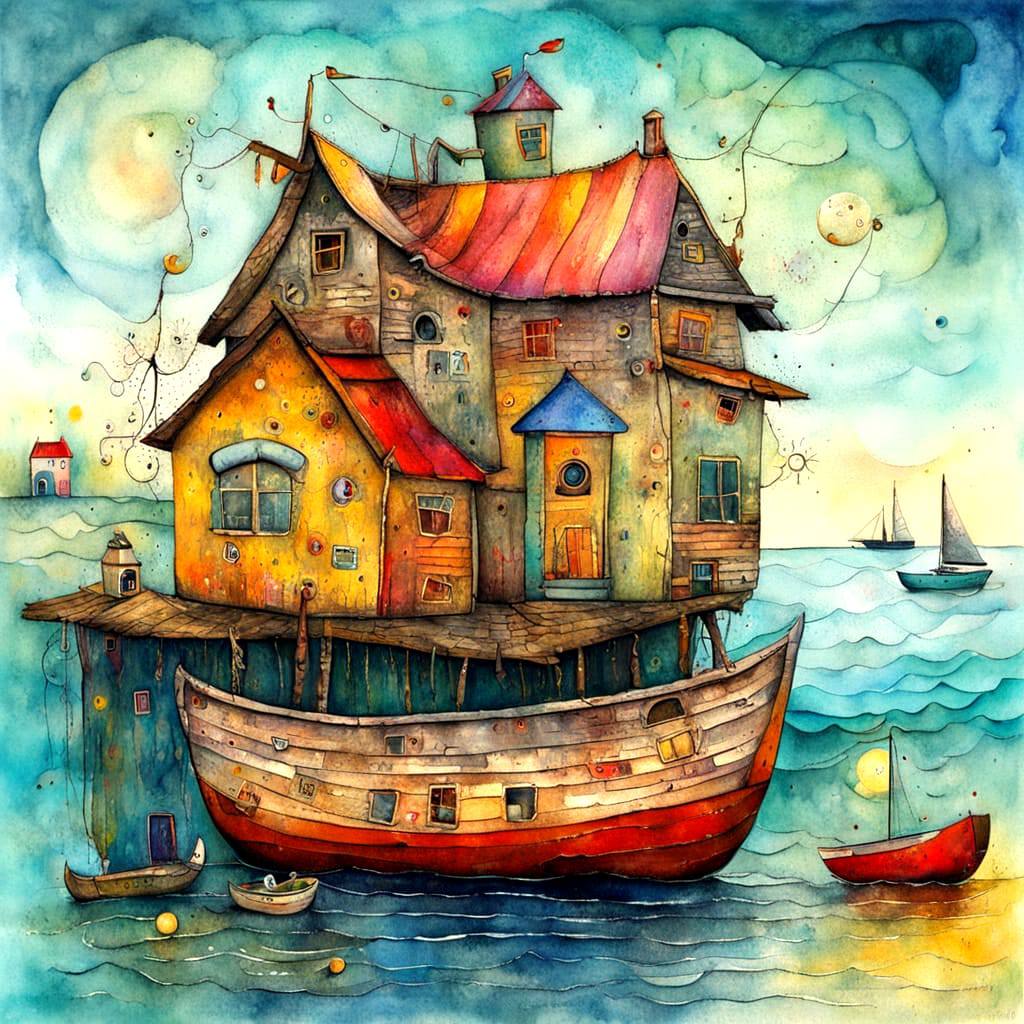 Whimsical painted houseboat with a cottage-like roof floating on blue water near small sailboats