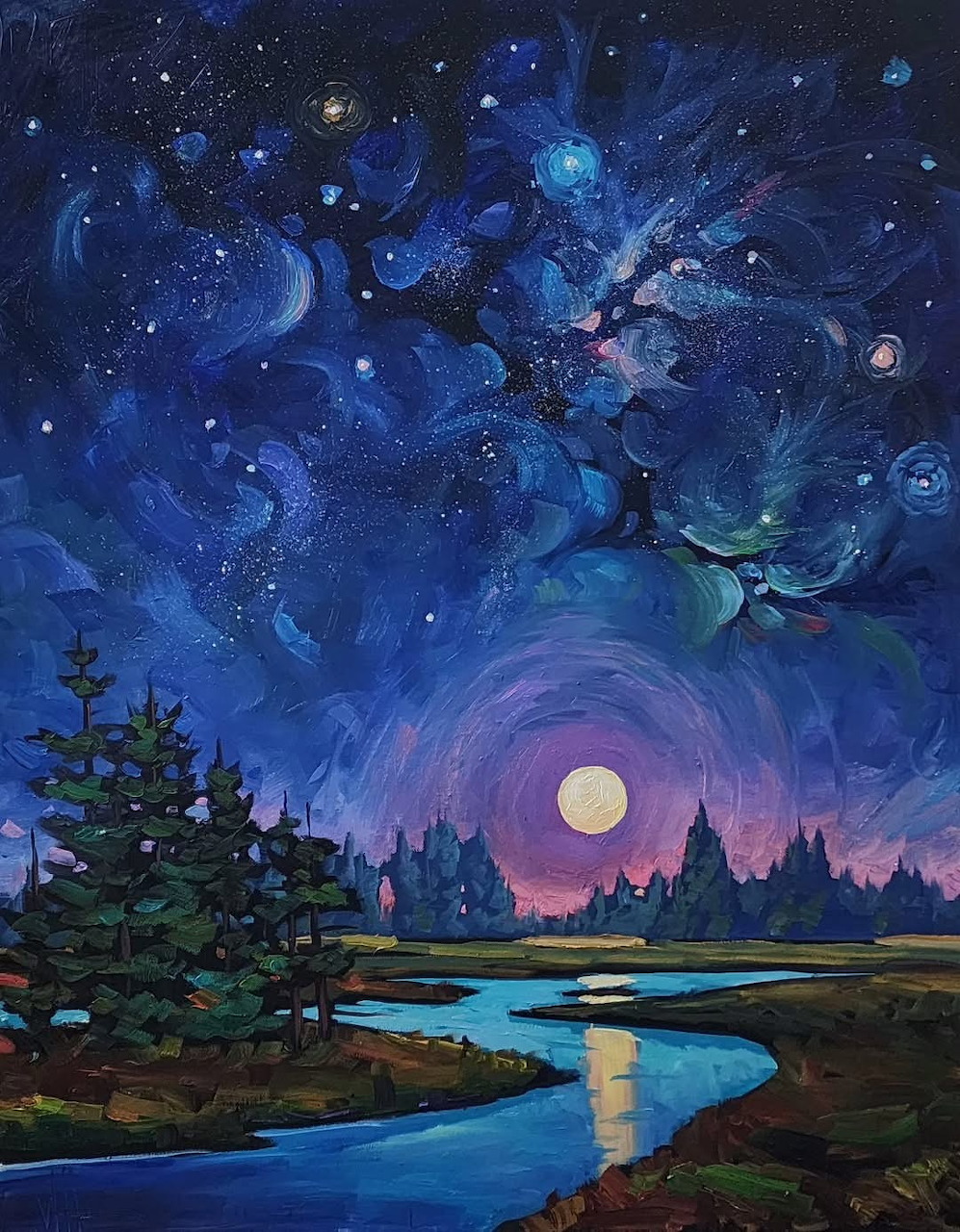 Colorful painting of a full moon over a river with evergreen trees and a starry Milky Way sky